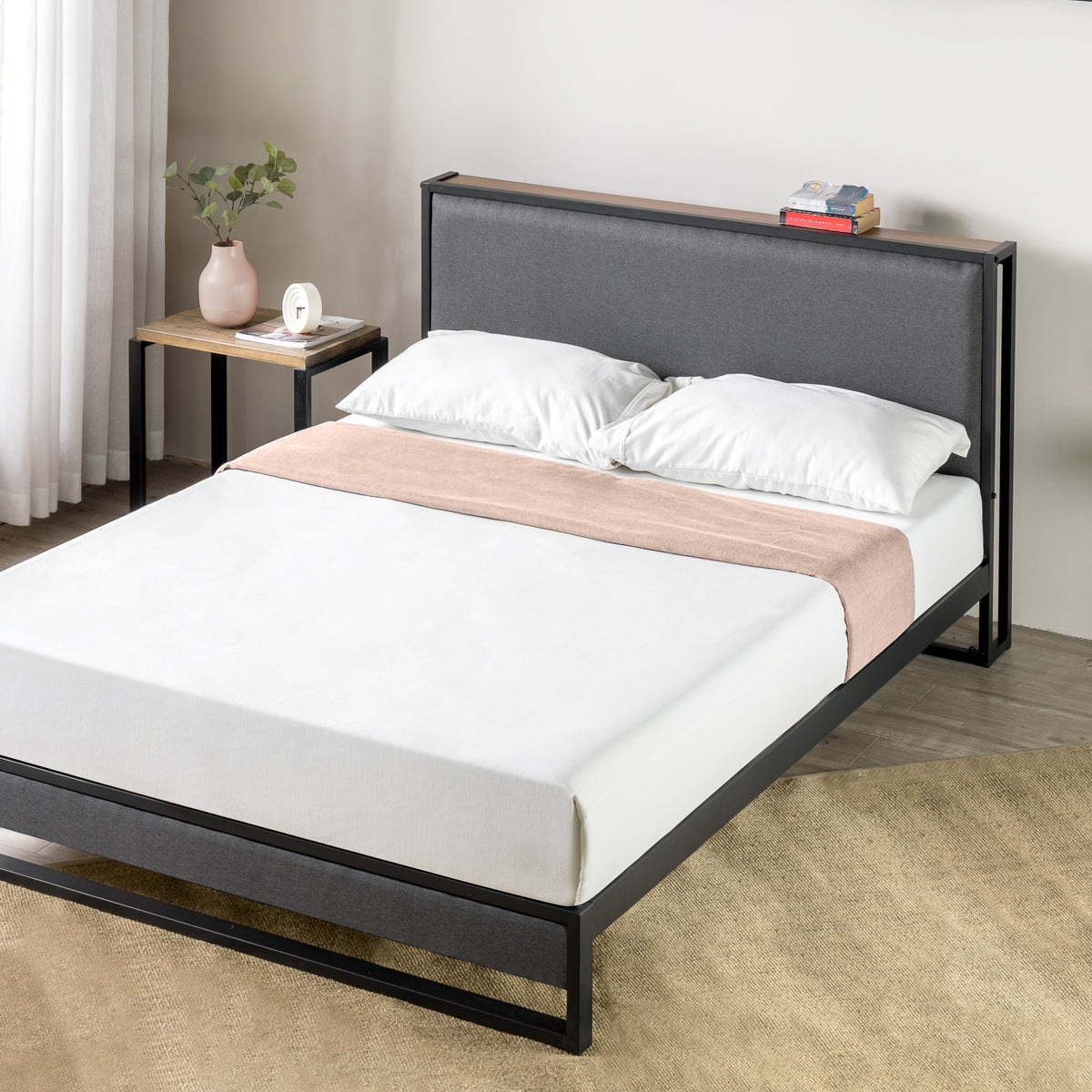 Zinus Christina Upholstered Platform Bed with Headboard Shelf Zinus